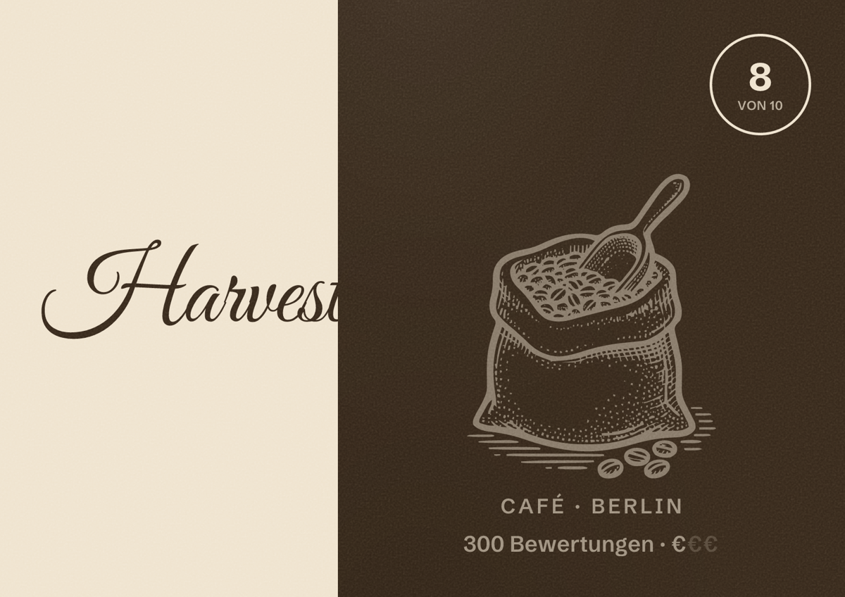 Illustriertes Poster von Harvest, Café in Berlin: Bewertung 8 von 10 aus 300 Bewertungen, Preisniveau €