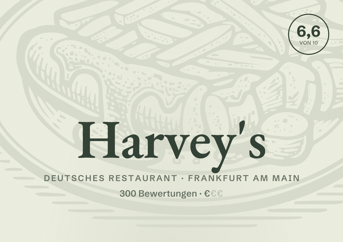 Illustriertes Poster von Harvey's, Deutsches Restaurant in Frankfurt am Main: Bewertung 6,6 von 10 aus 300 Bewertungen, Preisniveau €