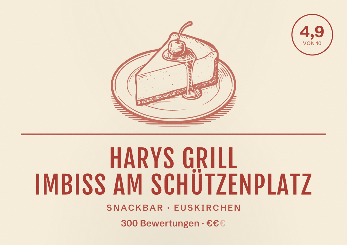 Illustriertes Poster von Harys Grill Imbiss am Schützenplatz, Snackbar in Euskirchen: Bewertung 4,9 von 10 aus 300 Bewertungen, Preisniveau €€