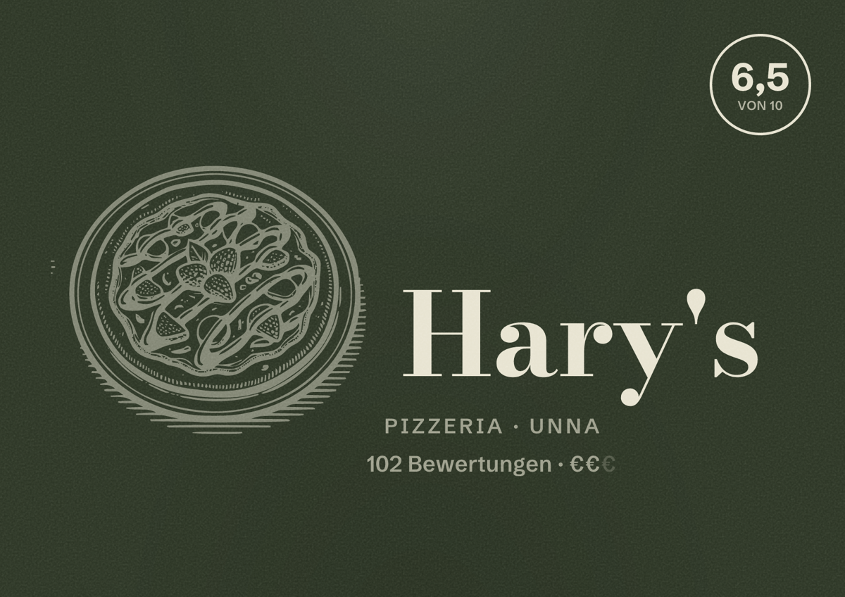 Illustriertes Poster von Hary's, Pizzeria in Unna: Bewertung 6,5 von 10 aus 102 Bewertungen, Preisniveau €€