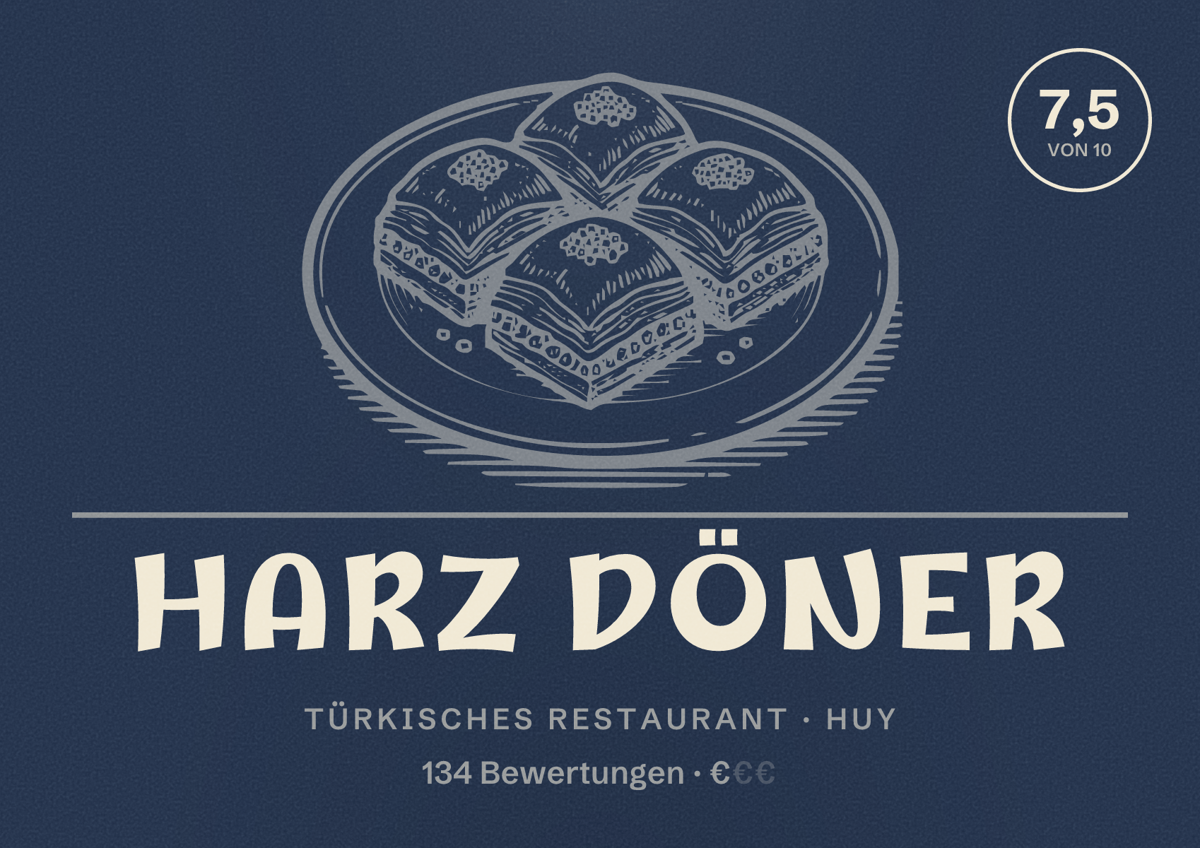 Illustriertes Poster von Harz Döner, Türkisches Restaurant in Huy: Bewertung 7,5 von 10 aus 134 Bewertungen, Preisniveau €