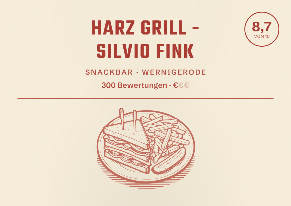 Illustriertes Poster von Harz Grill - Silvio Fink, Snackbar in Wernigerode: Bewertung 8,7 von 10 aus 300 Bewertungen, Preisniveau €