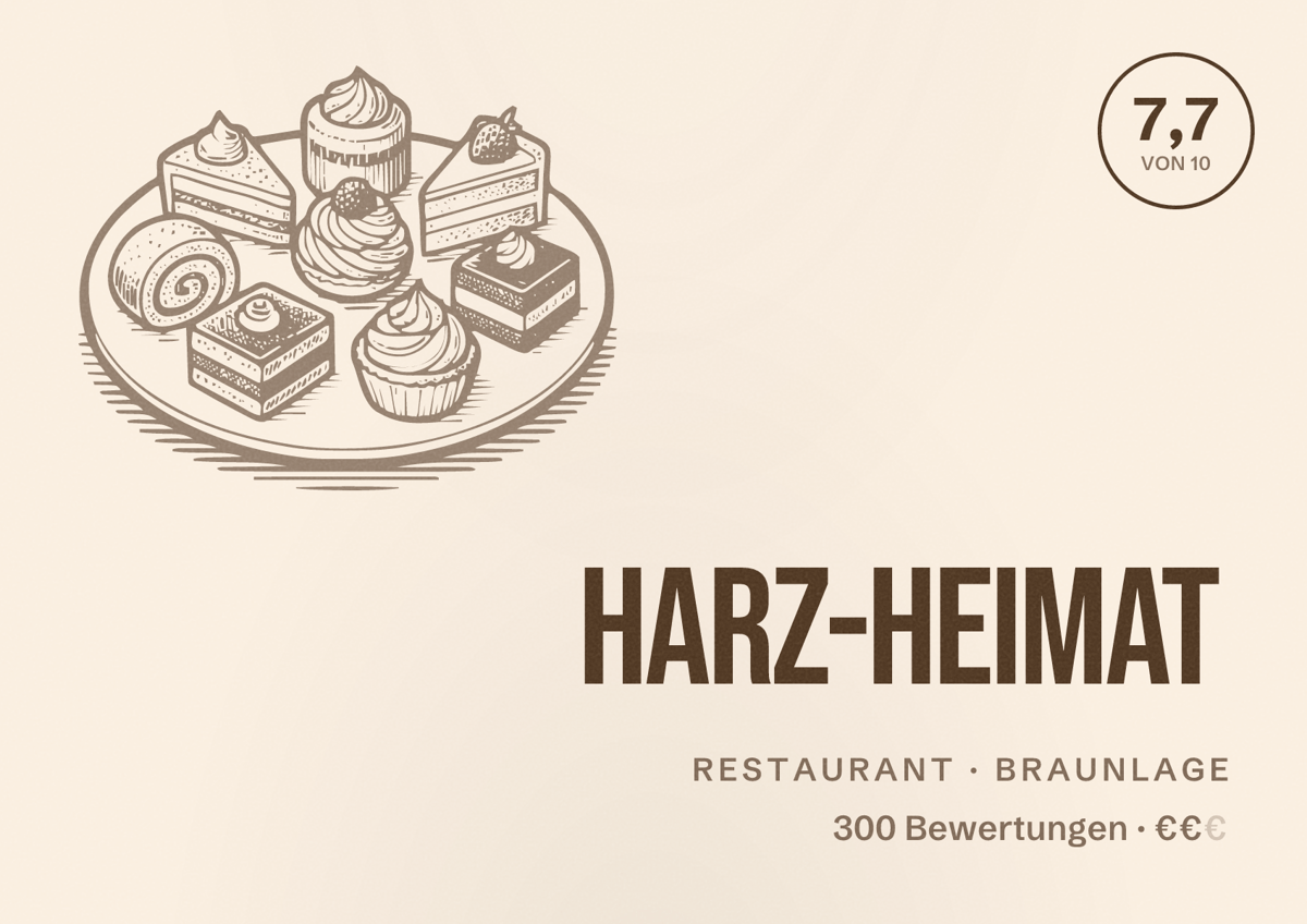 Illustriertes Poster von Harz-Heimat, Restaurant in Braunlage: Bewertung 7,7 von 10 aus 300 Bewertungen, Preisniveau €€