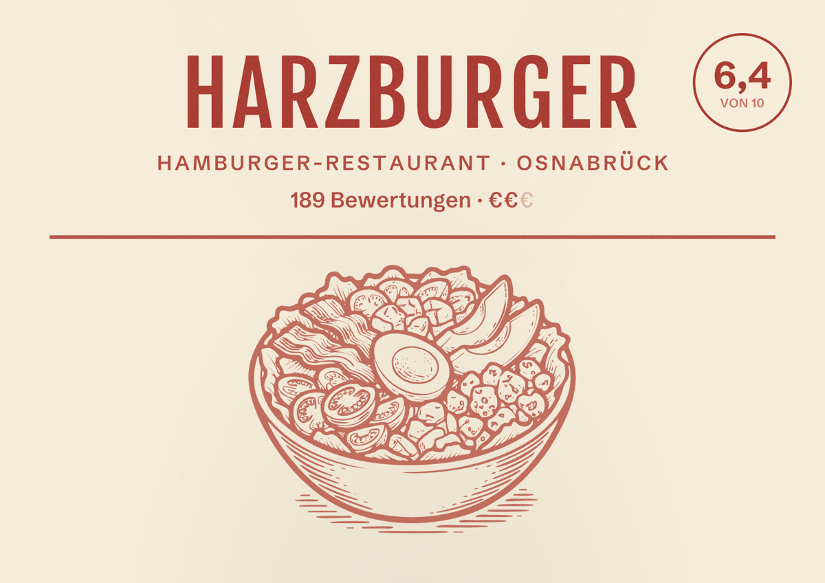 Illustriertes Poster von HarzBurger, Hamburger-Restaurant in Osnabrück: Bewertung 6,4 von 10 aus 189 Bewertungen, Preisniveau €€