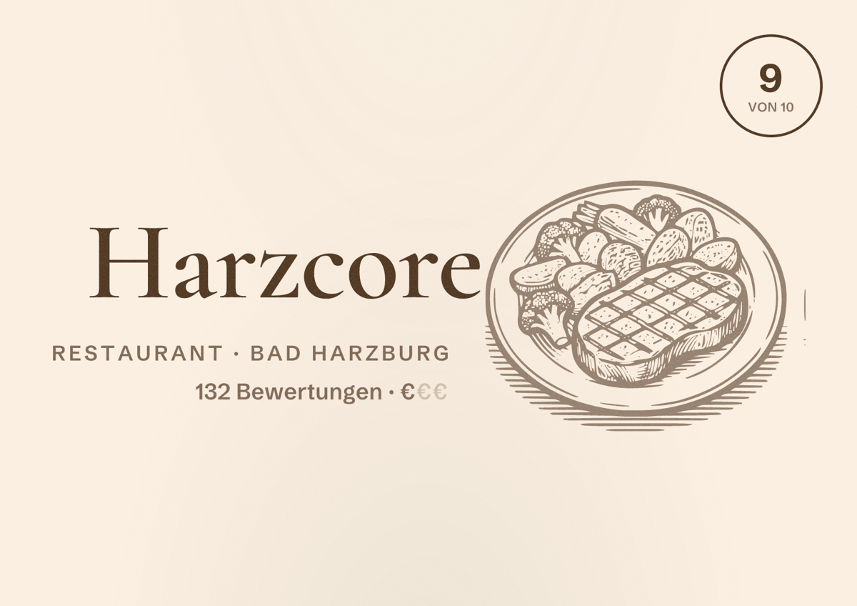 Illustriertes Poster von Harzcore, Restaurant in Bad Harzburg: Bewertung 9 von 10 aus 132 Bewertungen, Preisniveau €