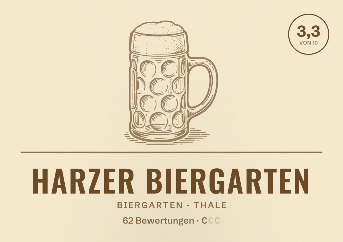 Illustriertes Poster von Harzer Biergarten, Biergarten in Thale: Bewertung 3,3 von 10 aus 62 Bewertungen, Preisniveau €