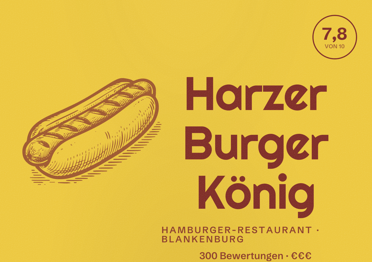 Illustriertes Poster von Harzer Burger König, Hamburger-Restaurant in Blankenburg: Bewertung 7,8 von 10 aus 300 Bewertungen, Preisniveau €€€