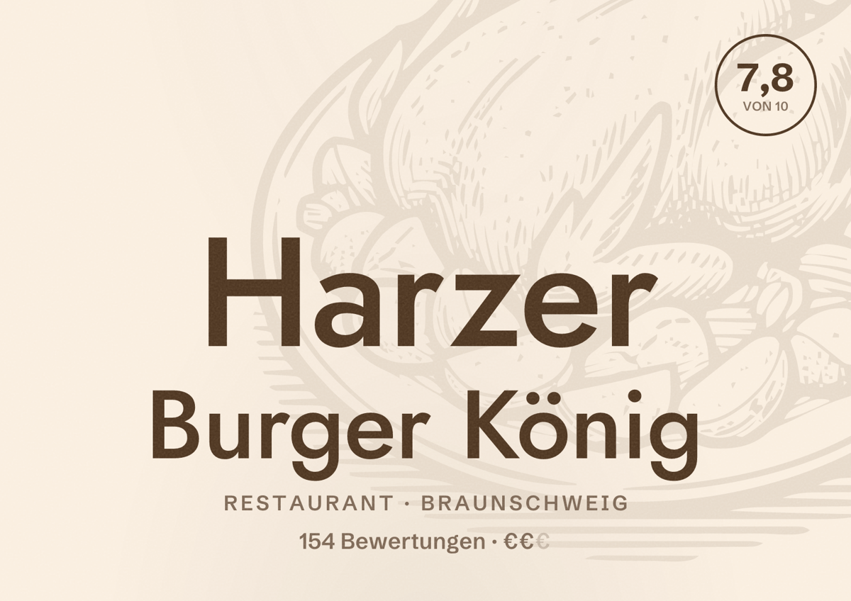 Illustriertes Poster von Harzer Burger König, Restaurant in Braunschweig: Bewertung 7,8 von 10 aus 154 Bewertungen, Preisniveau €€
