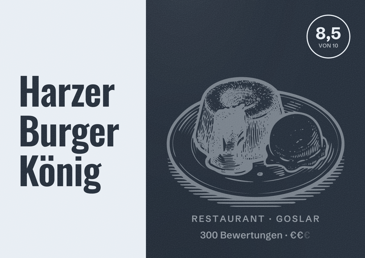 Illustriertes Poster von Harzer Burger König, Restaurant in Goslar: Bewertung 8,5 von 10 aus 300 Bewertungen, Preisniveau €€