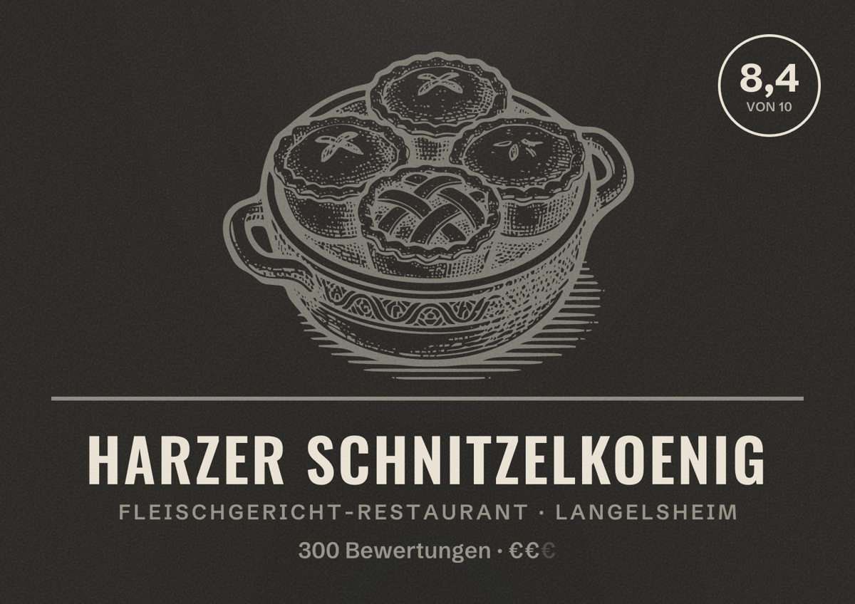 Illustriertes Poster von Harzer Schnitzelkoenig, Fleischgericht-Restaurant in Langelsheim: Bewertung 8,4 von 10 aus 300 Bewertungen, Preisniveau €€