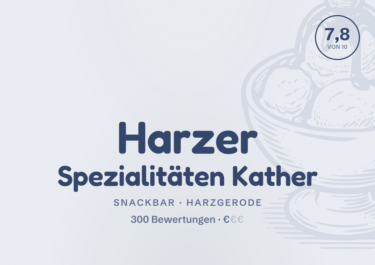 Illustriertes Poster von Harzer Spezialitäten Kather, Snackbar in Harzgerode: Bewertung 7,8 von 10 aus 300 Bewertungen, Preisniveau €