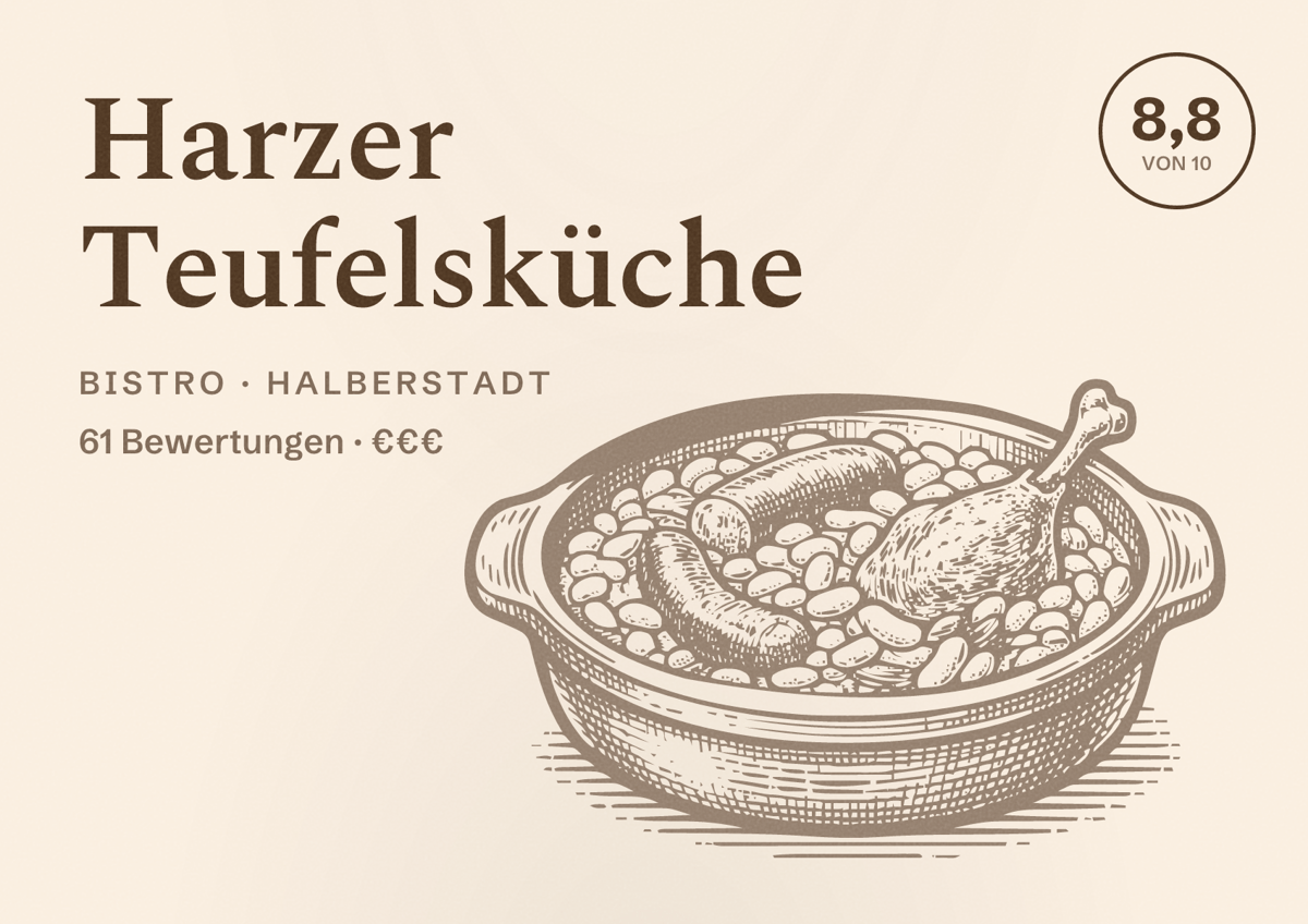 Illustriertes Poster von Harzer Teufelsküche, Bistro in Halberstadt: Bewertung 8,8 von 10 aus 61 Bewertungen, Preisniveau €€€