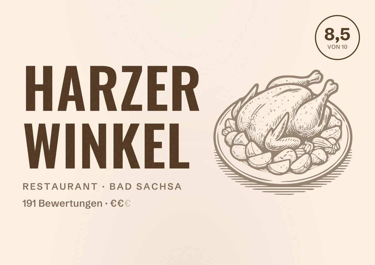 Illustriertes Poster von Harzer Winkel, Restaurant in Bad Sachsa: Bewertung 8,5 von 10 aus 191 Bewertungen, Preisniveau €€