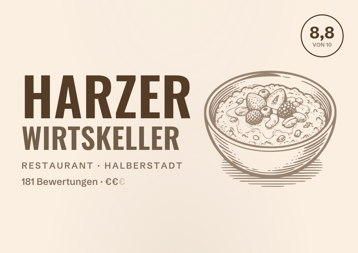Illustriertes Poster von Harzer Wirtskeller, Restaurant in Halberstadt: Bewertung 8,8 von 10 aus 181 Bewertungen, Preisniveau €€
