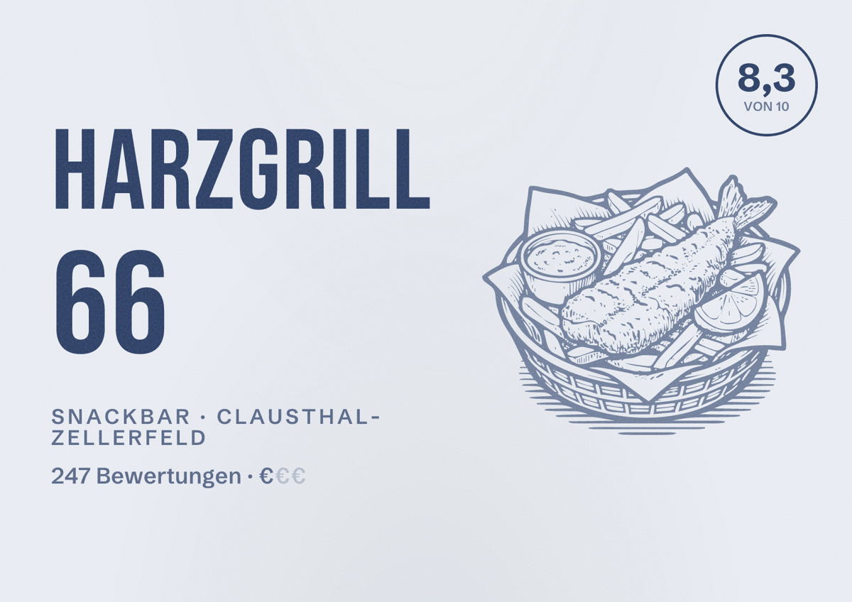 Illustriertes Poster von HARZGRILL 66, Snackbar in Clausthal-Zellerfeld: Bewertung 8,3 von 10 aus 247 Bewertungen, Preisniveau €