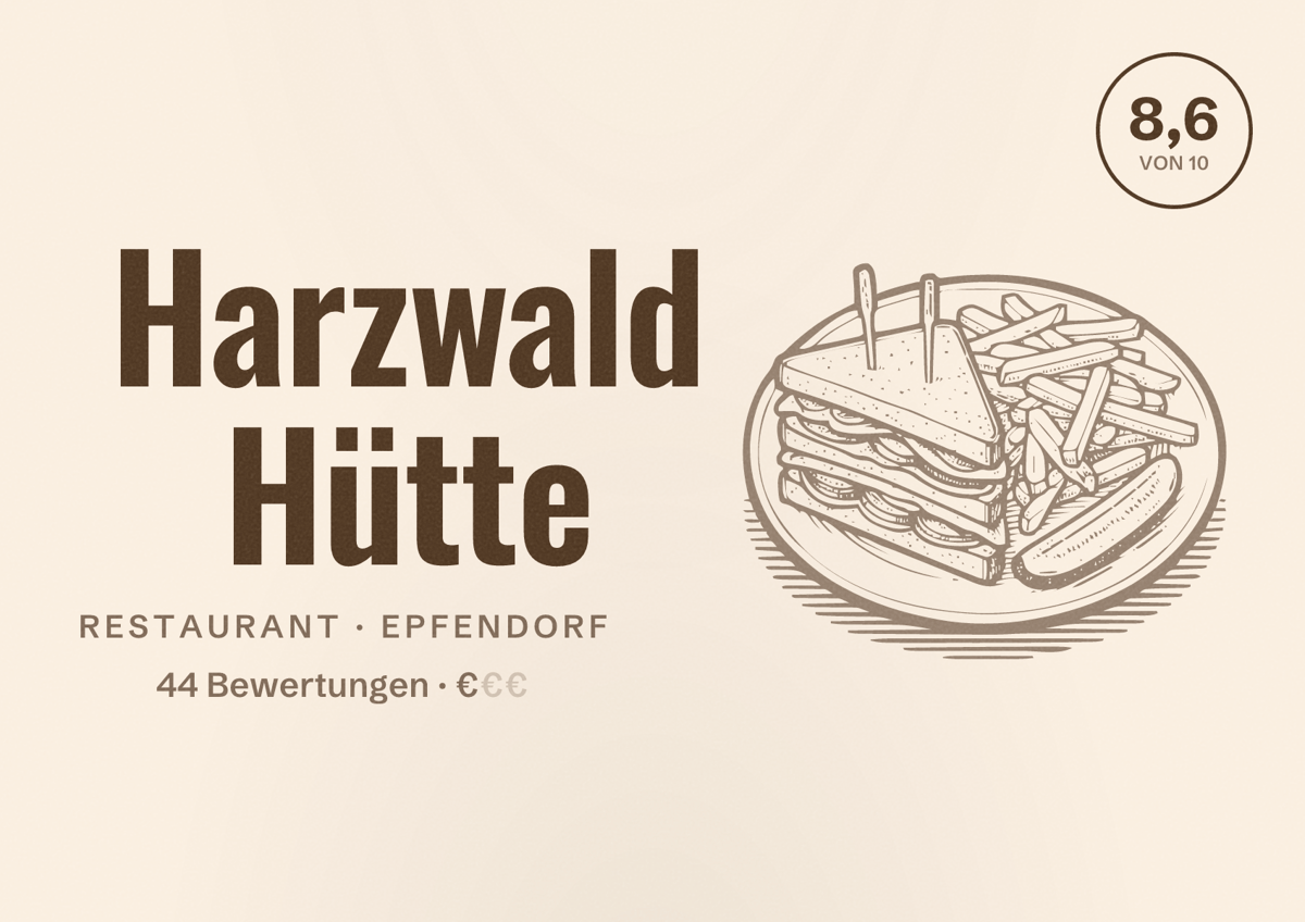 Illustriertes Poster von Harzwald Hütte, Restaurant in Epfendorf: Bewertung 8,6 von 10 aus 44 Bewertungen, Preisniveau €
