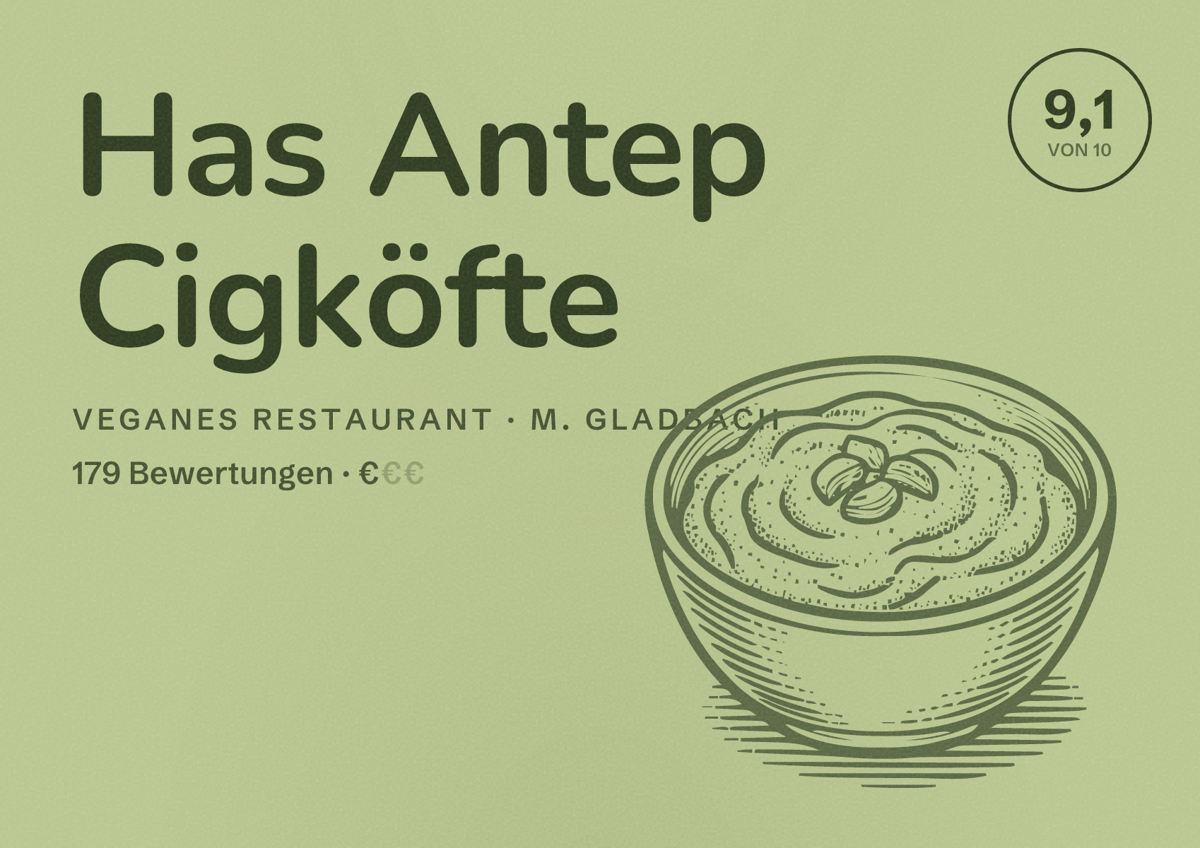 Illustriertes Poster von Has Antep Cigköfte, Veganes Restaurant in M. Gladbach: Bewertung 9,1 von 10 aus 179 Bewertungen, Preisniveau €