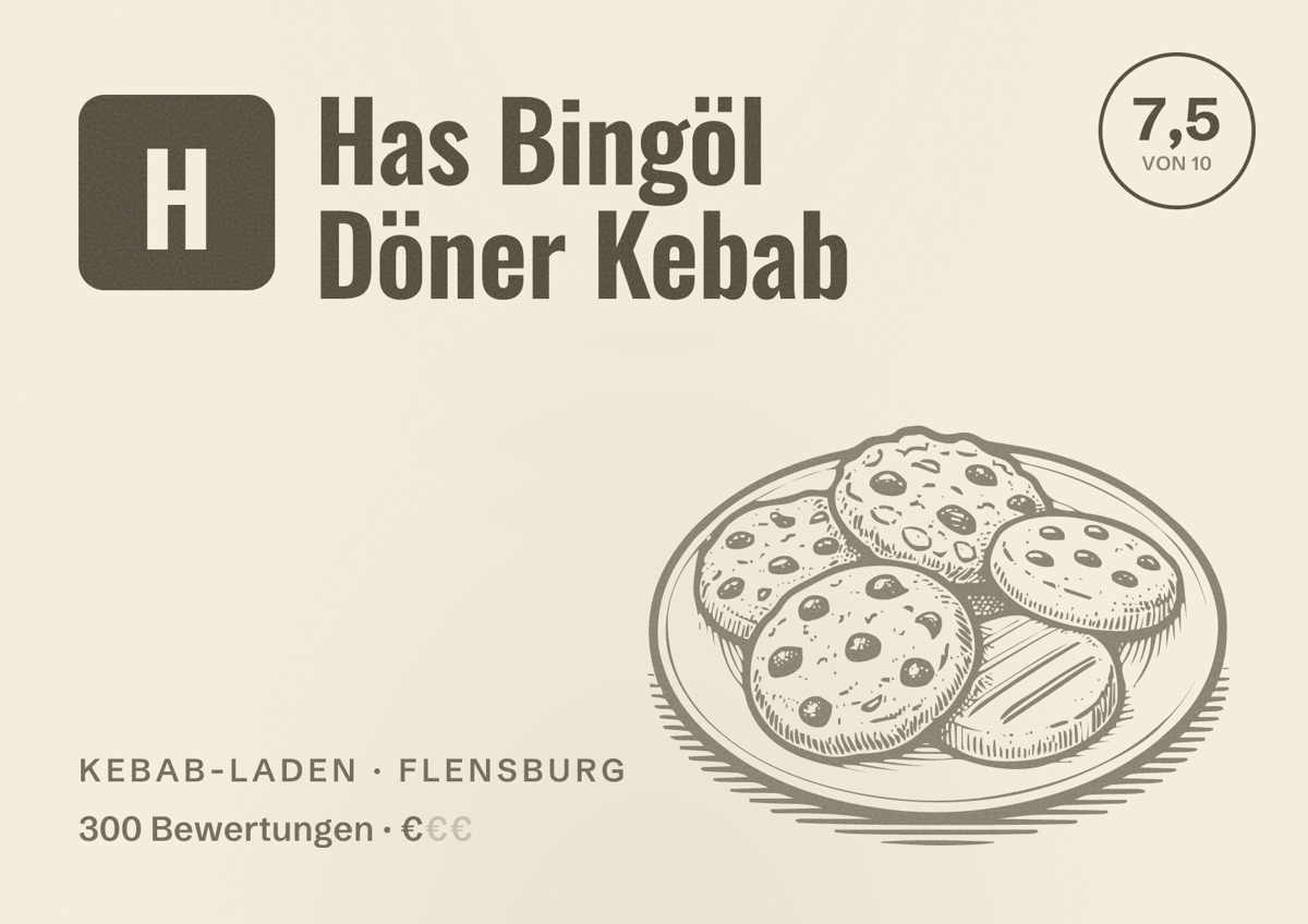 Illustriertes Poster von Has Bingöl Döner Kebab, Kebab-Laden in Flensburg: Bewertung 7,5 von 10 aus 300 Bewertungen, Preisniveau €
