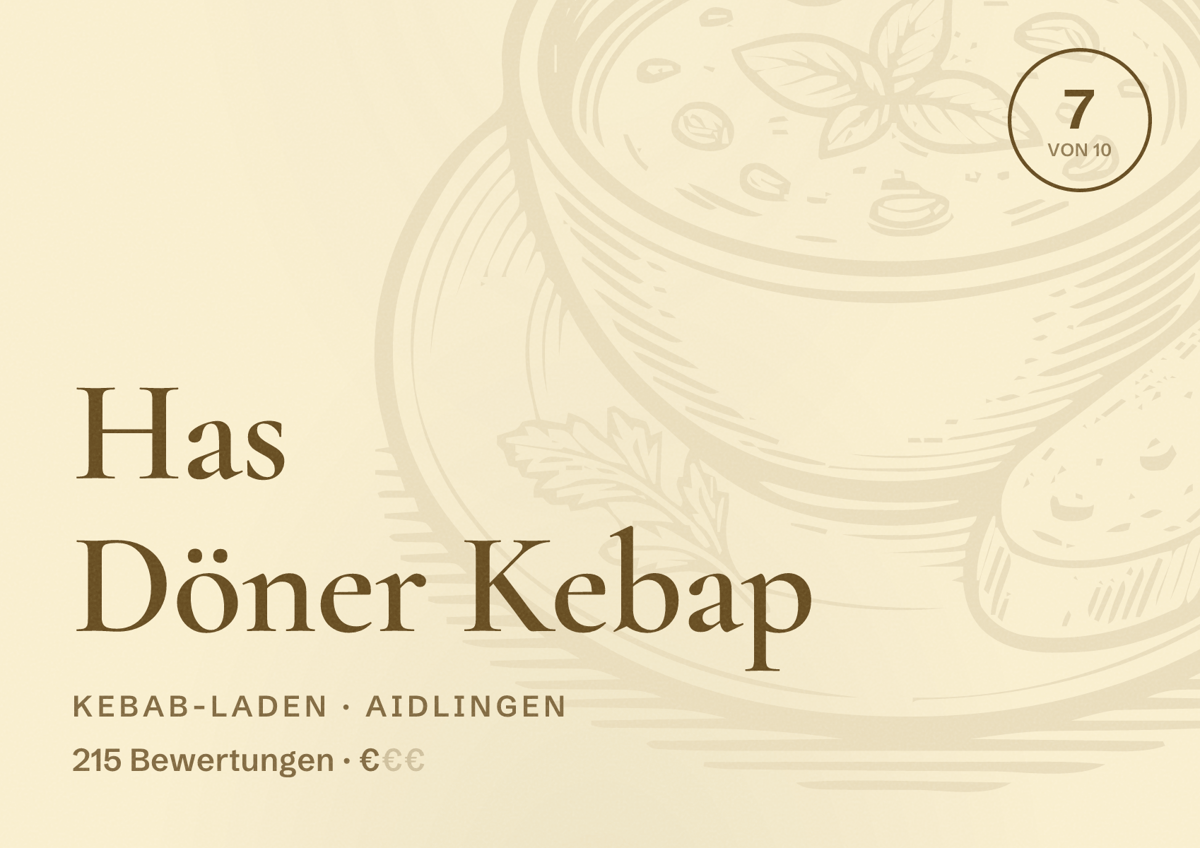 Illustriertes Poster von Has Döner Kebap, Kebab-Laden in Aidlingen: Bewertung 7 von 10 aus 215 Bewertungen, Preisniveau €