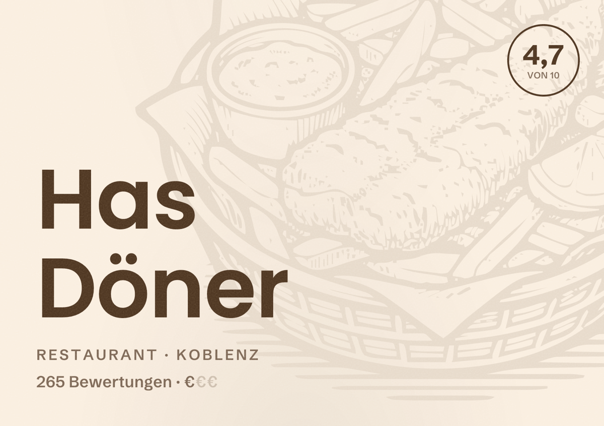 Illustriertes Poster von Has Döner, Restaurant in Koblenz: Bewertung 4,7 von 10 aus 265 Bewertungen, Preisniveau €