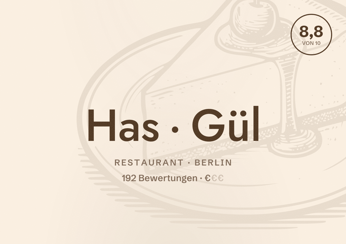 Illustriertes Poster von Has Gül, Restaurant in Berlin: Bewertung 8,8 von 10 aus 192 Bewertungen, Preisniveau €