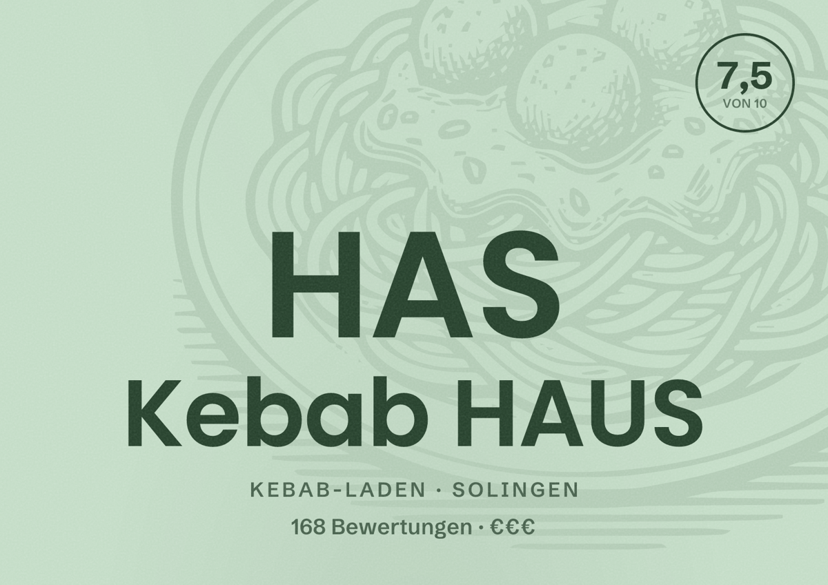 Illustriertes Poster von HAS Kebab HAUS, Kebab-Laden in Solingen: Bewertung 7,5 von 10 aus 168 Bewertungen, Preisniveau €€€