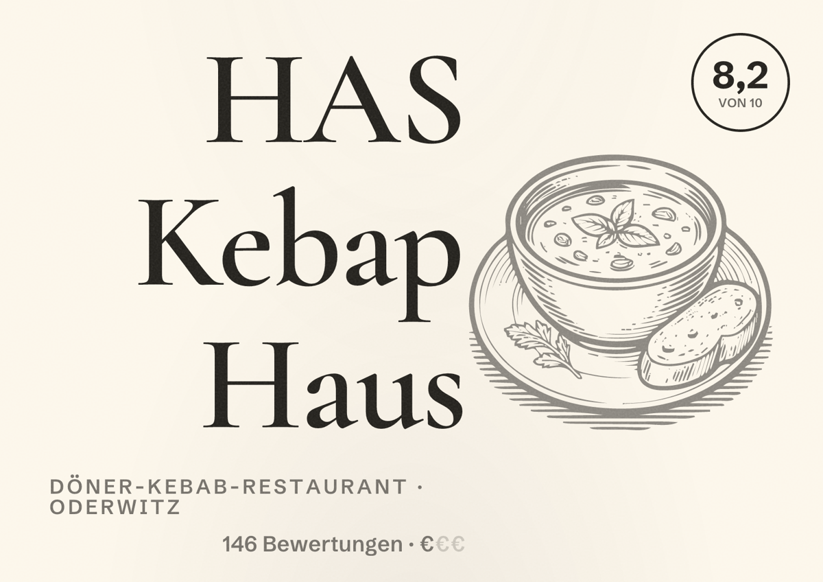 Illustriertes Poster von HAS Kebap Haus, Döner-Kebab-Restaurant in Oderwitz: Bewertung 8,2 von 10 aus 146 Bewertungen, Preisniveau €