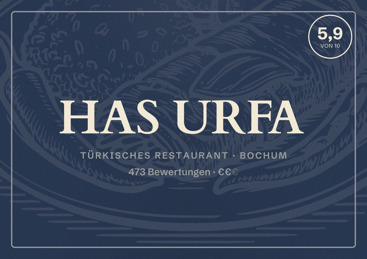 Illustriertes Poster von HAS URFA, Türkisches Restaurant in Bochum: Bewertung 5,9 von 10 aus 473 Bewertungen, Preisniveau €€