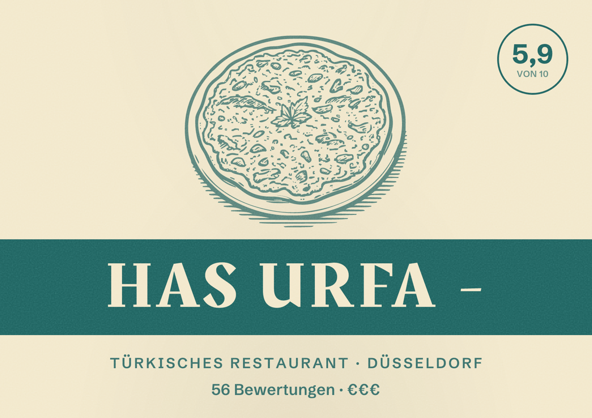 Illustriertes Poster von Has Urfa -, Türkisches Restaurant in Düsseldorf: Bewertung 5,9 von 10 aus 56 Bewertungen, Preisniveau €€€