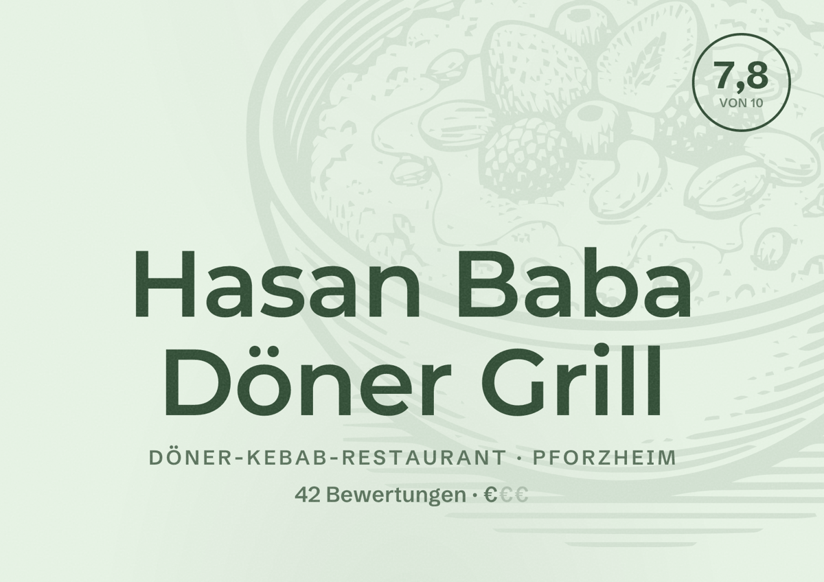 Illustriertes Poster von Hasan Baba Döner Grill, Döner-Kebab-Restaurant in Pforzheim: Bewertung 7,8 von 10 aus 42 Bewertungen, Preisniveau €