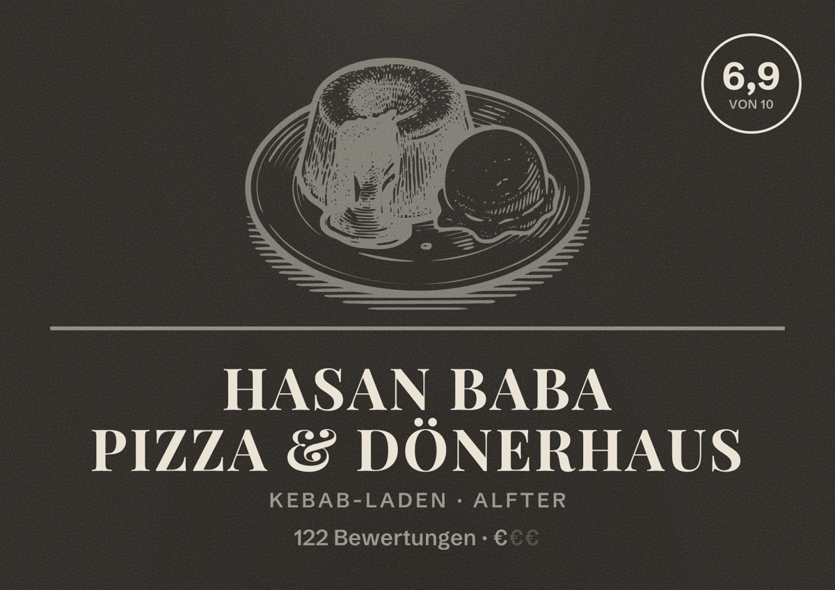 Illustriertes Poster von Hasan Baba Pizza & Dönerhaus, Kebab-Laden in Alfter: Bewertung 6,9 von 10 aus 122 Bewertungen, Preisniveau €
