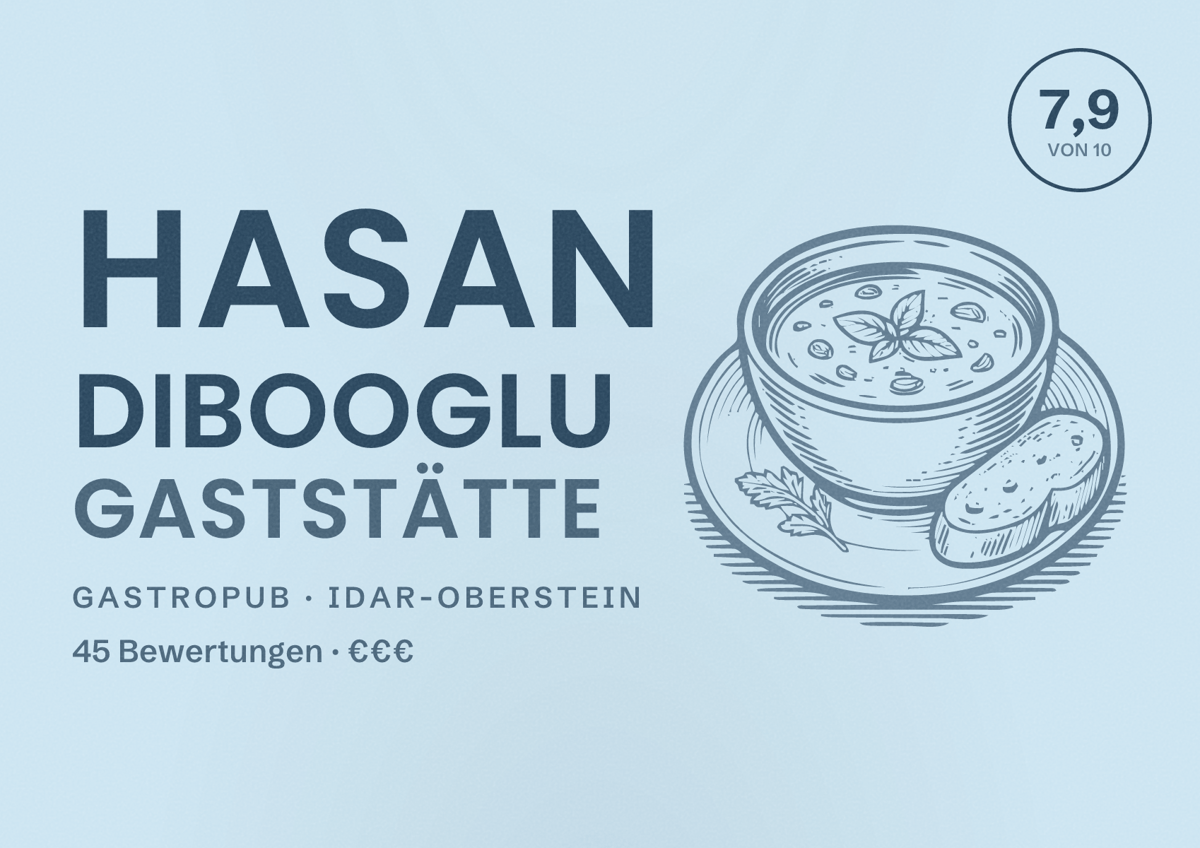 Illustriertes Poster von Hasan Dibooglu Gaststätte, Gastropub in Idar-Oberstein: Bewertung 7,9 von 10 aus 45 Bewertungen, Preisniveau €€€