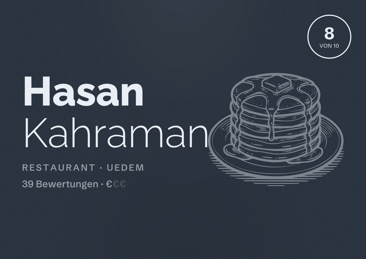 Illustriertes Poster von Hasan Kahraman, Restaurant in Uedem: Bewertung 8 von 10 aus 39 Bewertungen, Preisniveau €