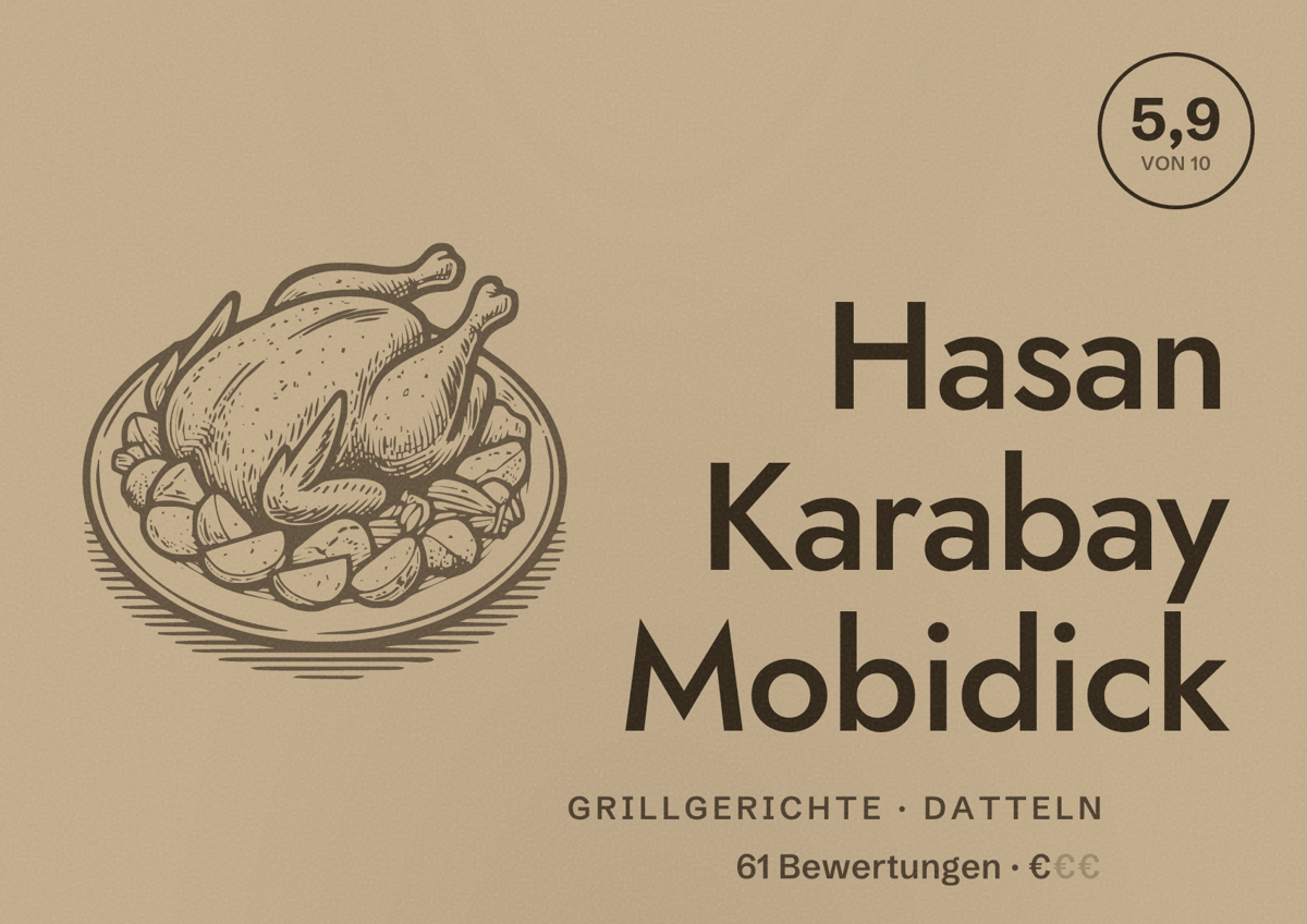Illustriertes Poster von Hasan Karabay Mobidick, Grillgerichte in Datteln: Bewertung 5,9 von 10 aus 61 Bewertungen, Preisniveau €