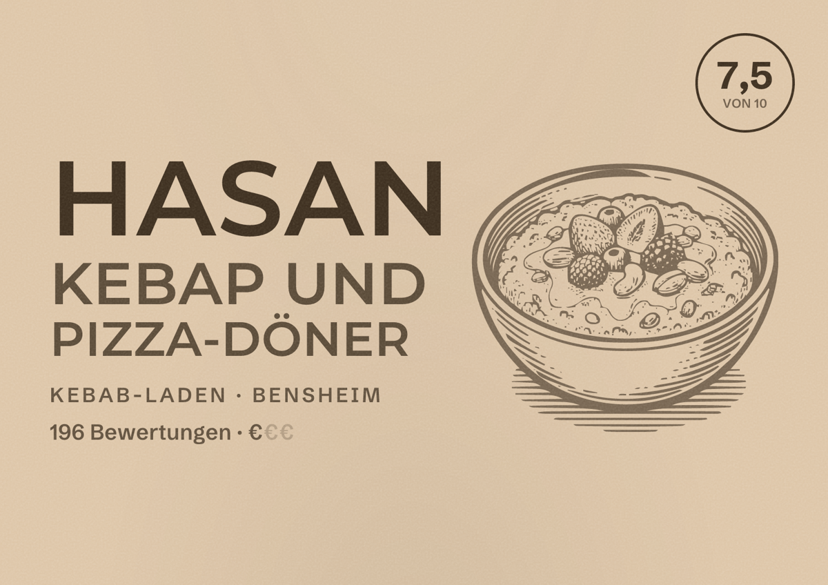 Illustriertes Poster von Hasan Kebap und Pizza-Döner, Kebab-Laden in Bensheim: Bewertung 7,5 von 10 aus 196 Bewertungen, Preisniveau €