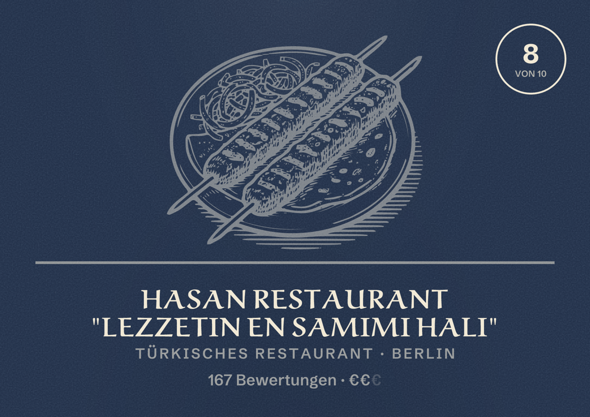 Illustriertes Poster von Hasan Restaurant "Lezzetin en samimi hali", Türkisches Restaurant in Berlin: Bewertung 8,0 von 10 aus 167 Bewertungen, Preisniveau €€
