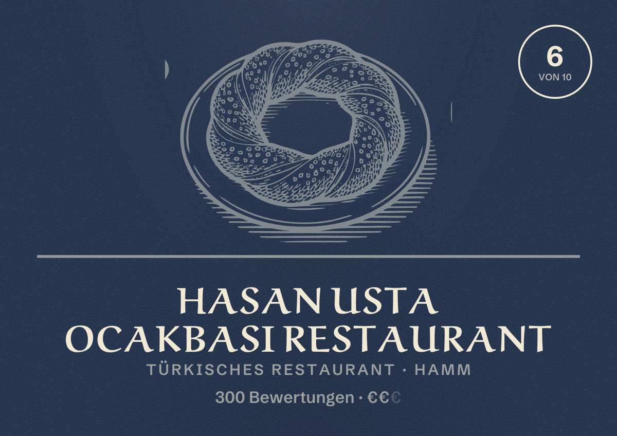 Illustriertes Poster von Hasan usta ocakbasi restaurant, Türkisches Restaurant in Hamm: Bewertung 6 von 10 aus 300 Bewertungen, Preisniveau €€