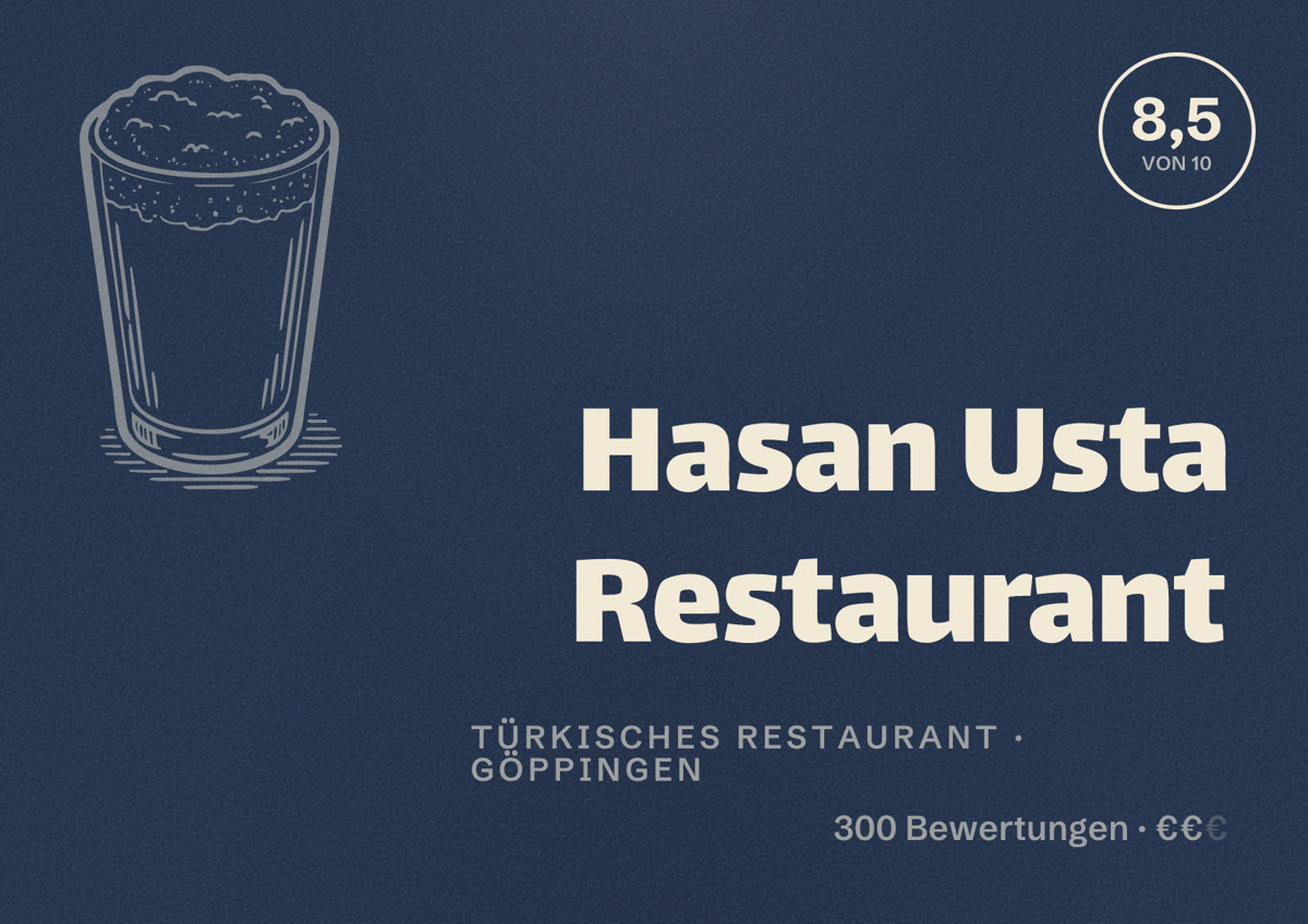Illustriertes Poster von Hasan Usta Restaurant, Türkisches Restaurant in Göppingen: Bewertung 8,5 von 10 aus 300 Bewertungen, Preisniveau €€