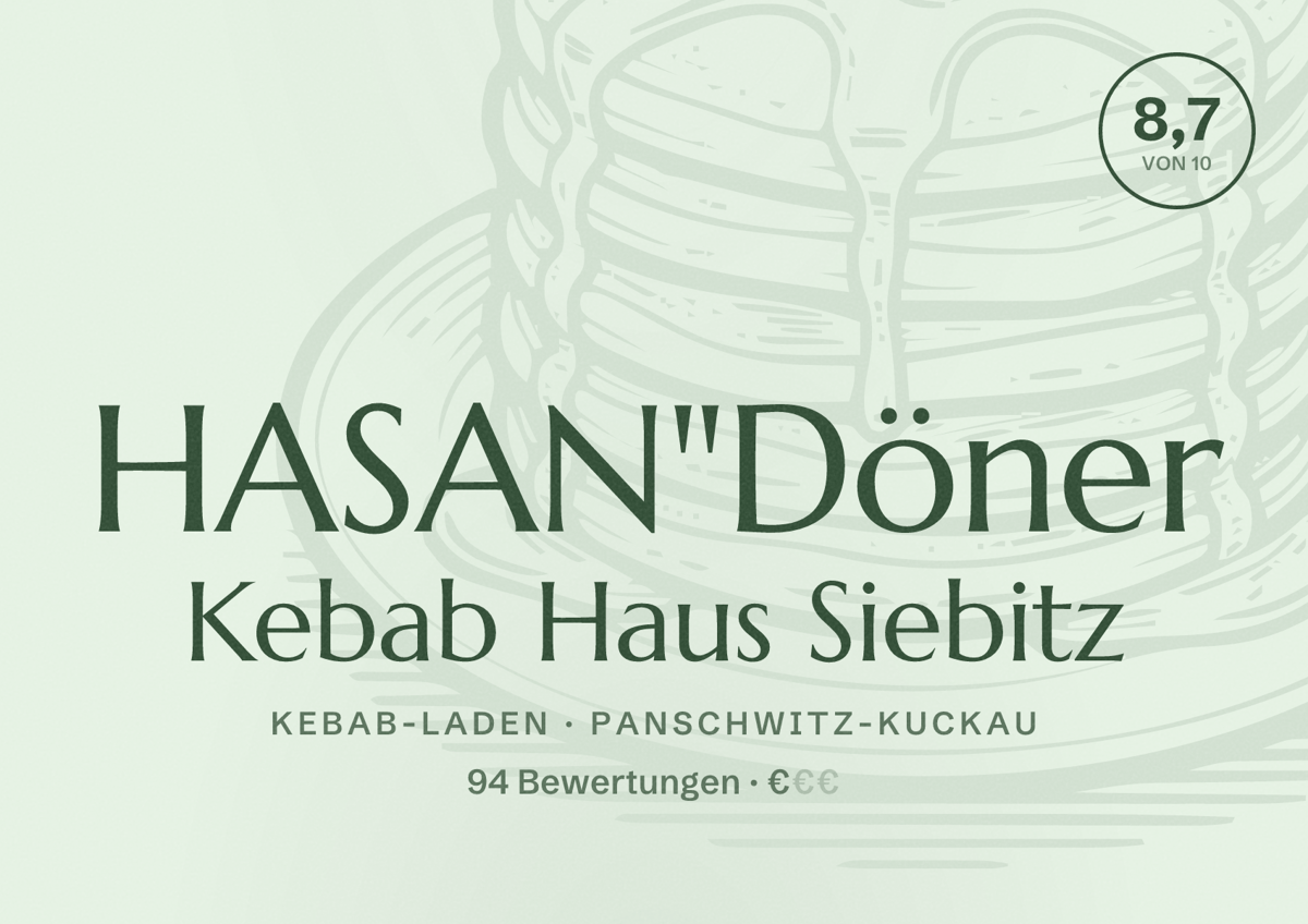 Illustriertes Poster von HASAN"Döner Kebab Haus Siebitz, Kebab-Laden in Panschwitz-Kuckau: Bewertung 8,7 von 10 aus 94 Bewertungen, Preisniveau €