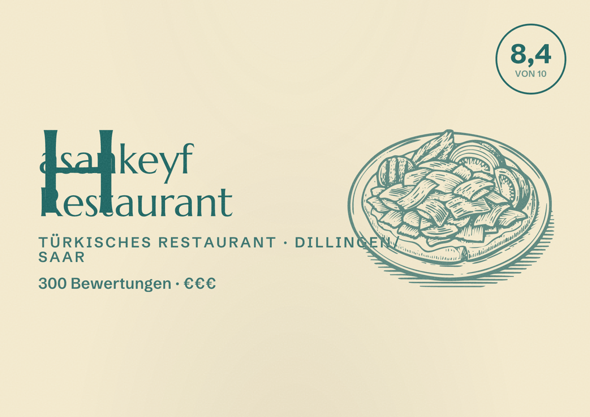 Illustriertes Poster von Hasankeyf Restaurant, Türkisches Restaurant in Dillingen/Saar: Bewertung 8,4 von 10 aus 300 Bewertungen, Preisniveau €€€