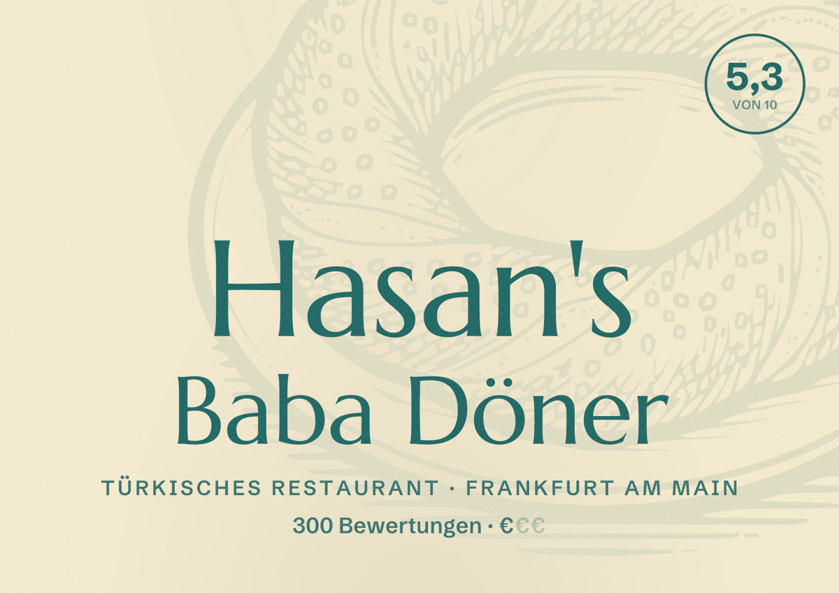 Illustriertes Poster von Hasan's Baba Döner, Türkisches Restaurant in Frankfurt am Main: Bewertung 5,3 von 10 aus 300 Bewertungen, Preisniveau €