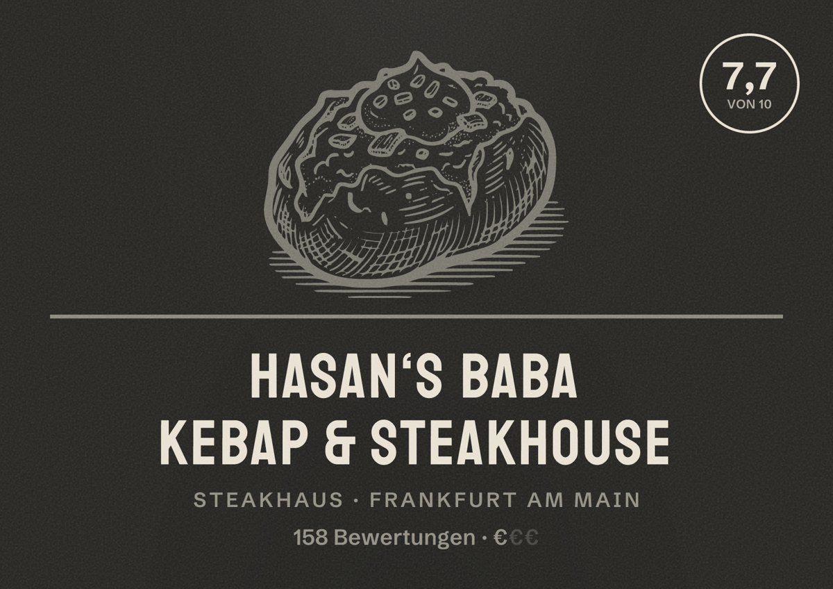 Illustriertes Poster von Hasan‘s Baba Kebap & Steakhouse, Steakhaus in Frankfurt am Main: Bewertung 7,7 von 10 aus 158 Bewertungen, Preisniveau €