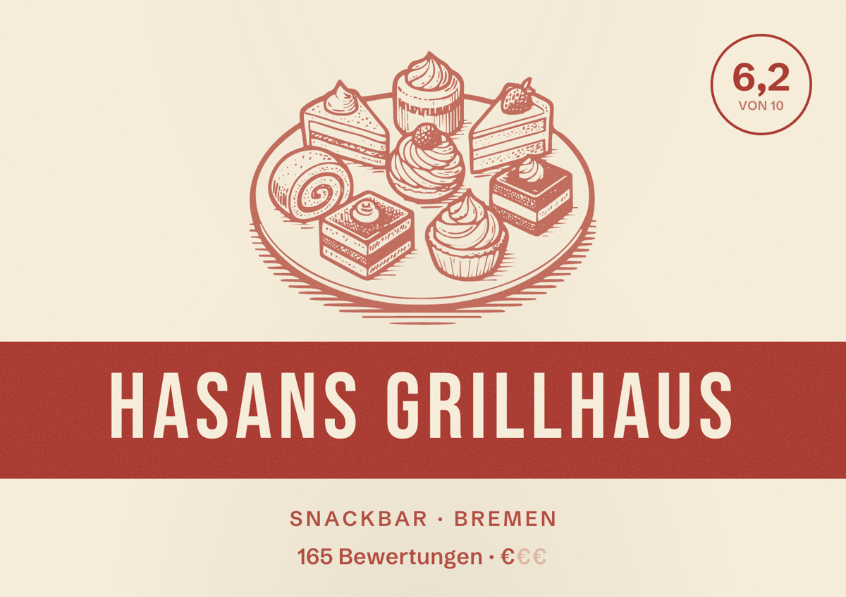 Illustriertes Poster von Hasans Grillhaus, Snackbar in Bremen: Bewertung 6,2 von 10 aus 165 Bewertungen, Preisniveau €