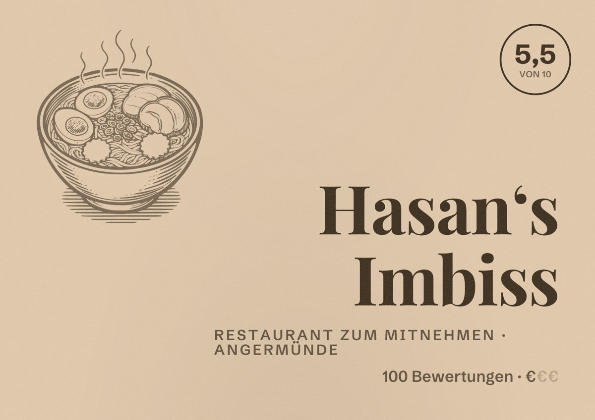 Illustriertes Poster von Hasan‘s Imbiss, Restaurant zum Mitnehmen in Angermünde: Bewertung 5,5 von 10 aus 100 Bewertungen, Preisniveau €