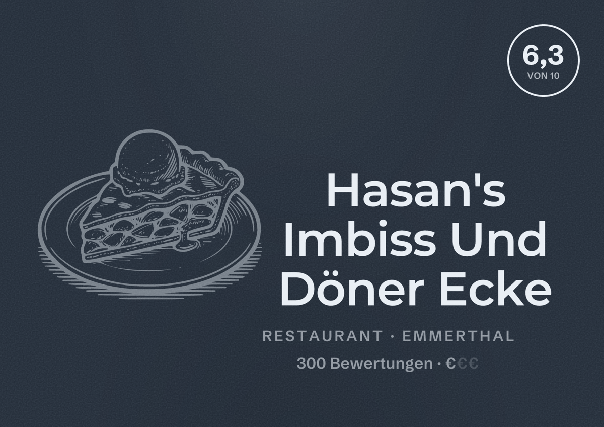 Illustriertes Poster von Hasan's Imbiss Und Döner Ecke, Restaurant in Emmerthal: Bewertung 6,3 von 10 aus 300 Bewertungen, Preisniveau €