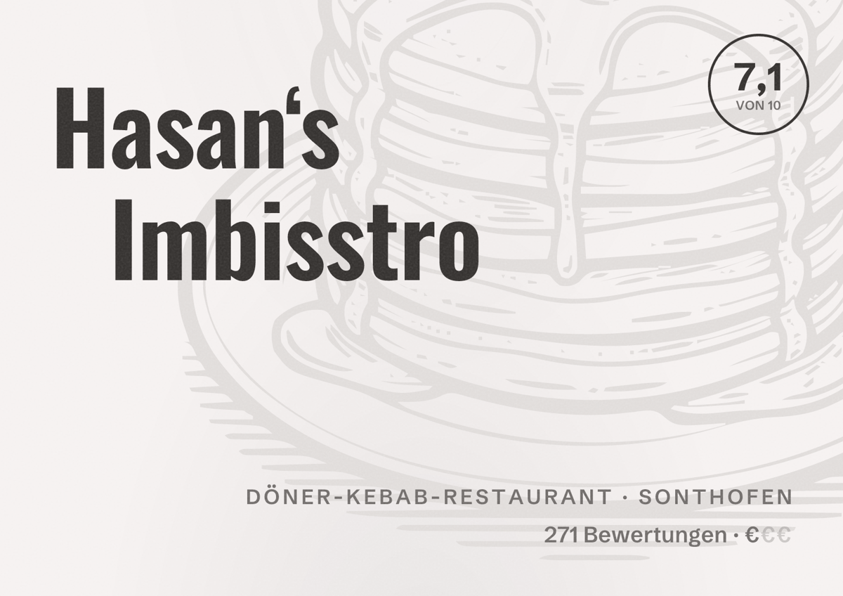 Illustriertes Poster von Hasan‘s Imbisstro, Döner-Kebab-Restaurant in Sonthofen: Bewertung 7,1 von 10 aus 271 Bewertungen, Preisniveau €