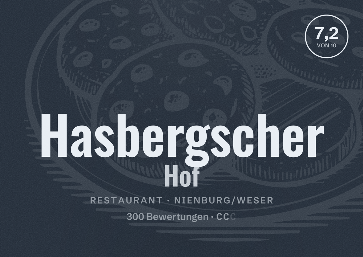 Illustriertes Poster von Hasbergscher Hof, Restaurant in Nienburg/Weser: Bewertung 7,2 von 10 aus 300 Bewertungen, Preisniveau €€