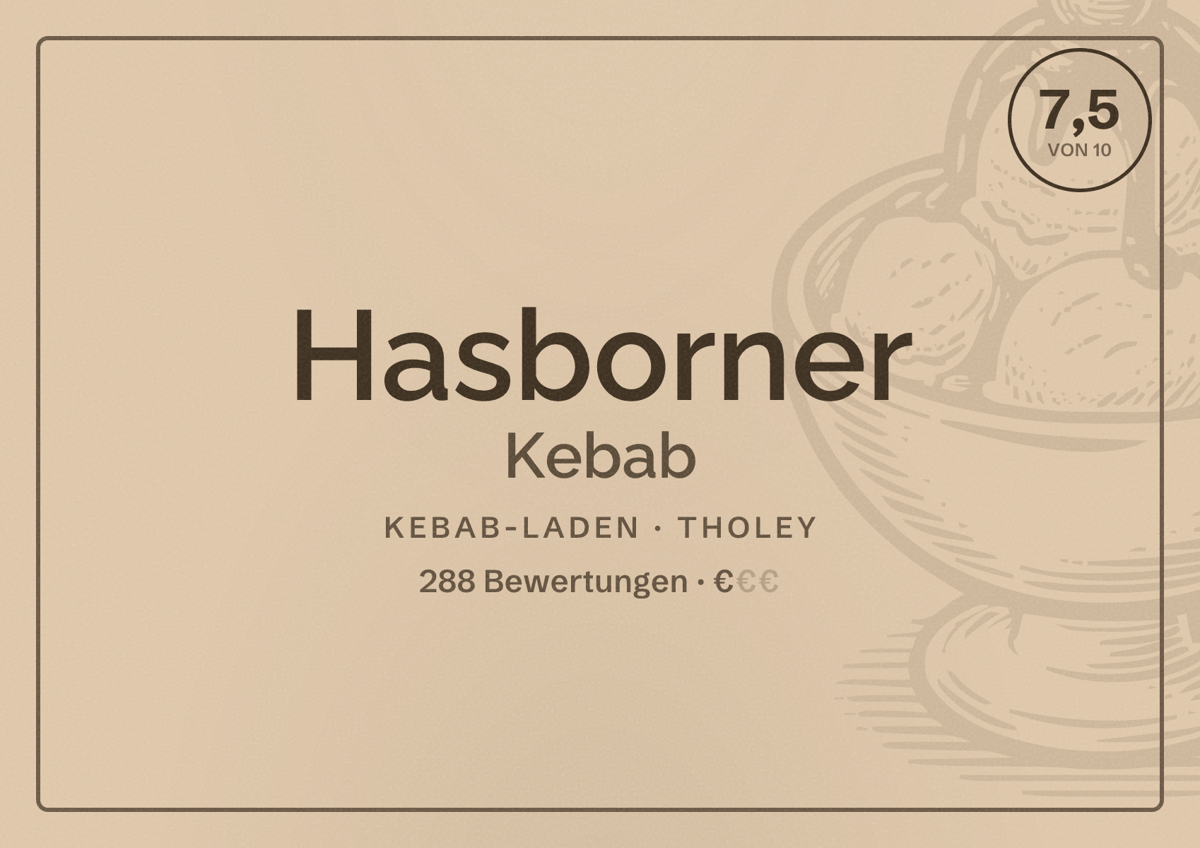 Illustriertes Poster von Hasborner Kebab, Kebab-Laden in Tholey: Bewertung 7,5 von 10 aus 288 Bewertungen, Preisniveau €