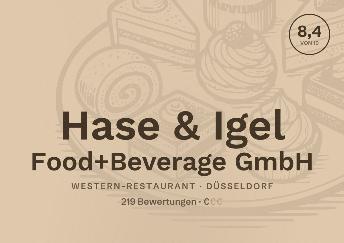 Illustriertes Poster von Hase & Igel Food+Beverage GmbH, Western-Restaurant in Düsseldorf: Bewertung 8,4 von 10 aus 219 Bewertungen, Preisniveau €
