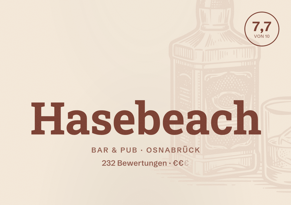 Illustriertes Poster von Hasebeach, Bar & Pub in Osnabrück: Bewertung 7,7 von 10 aus 232 Bewertungen, Preisniveau €€